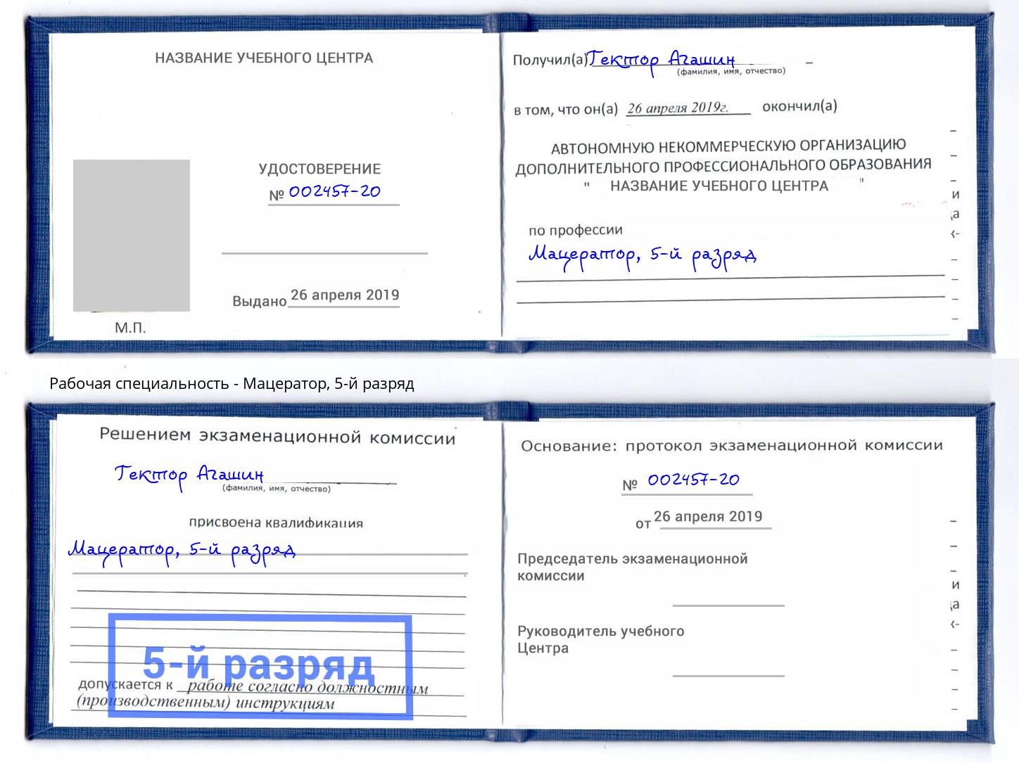 корочка 5-й разряд Мацератор Крым